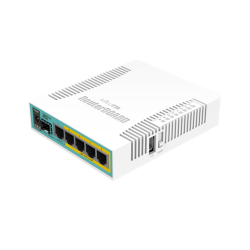 MikroTik hEX PoE with 800MHz CPU, 128MB RAM, 5x Gigabit LAN (four with PoE out), SFP, USB, RouterOS L4, plastic case and PSU