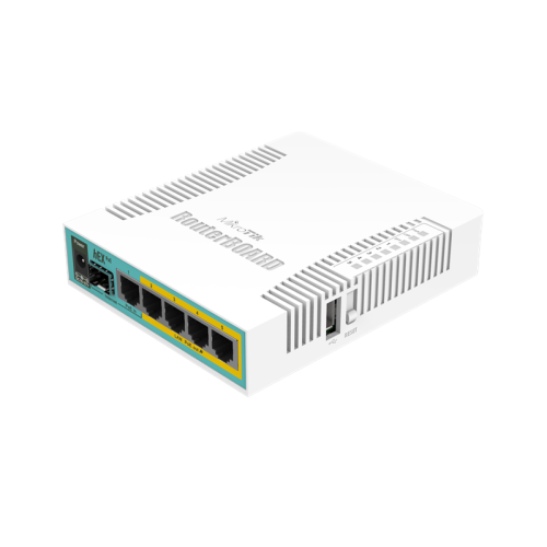 MikroTik hEX PoE with 800MHz CPU, 128MB RAM, 5x Gigabit LAN (four with PoE out), SFP, USB, RouterOS L4, plastic case and PSU