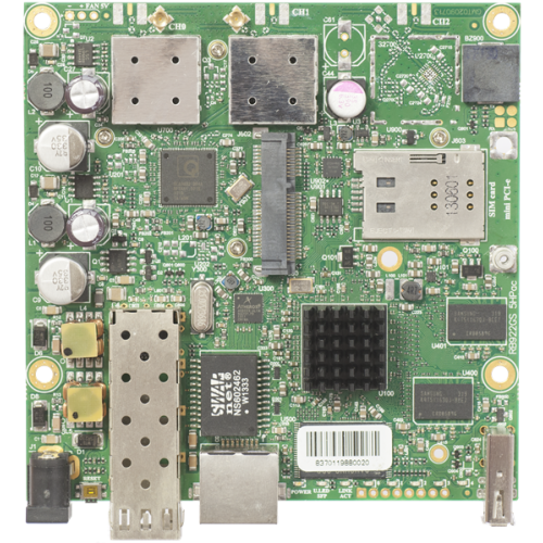 MikroTik RouterBOARD 922UAGS with 720MHz Atheros CPU, 128MB RAM, 1xGigabit LAN, USB, 1xSFP, miniPCIe, SIM slot, built-in 5Ghz 802.11a/c 2x2 two chain wireless, 2xMMCX connectors, RouterOS L4
