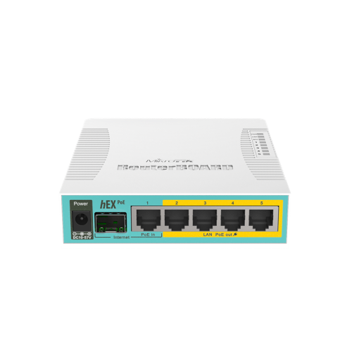 MikroTik hEX PoE with 800MHz CPU, 128MB RAM, 5x Gigabit LAN (four with PoE out), SFP, USB, RouterOS L4, plastic case and PSU