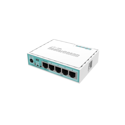 MikroTik hEX with Dual Core 880MHz MHz CPU, 256MB RAM, 5 Gigabit LAN ports, USB, RouterOS L4, plastic case, PSU