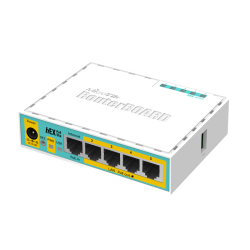 MikroTik hEX PoE lite with 650MHz CPU, 64MB RAM, 5xLAN (four with PoE out), USB, RouterOS L4, plastic case and PSU