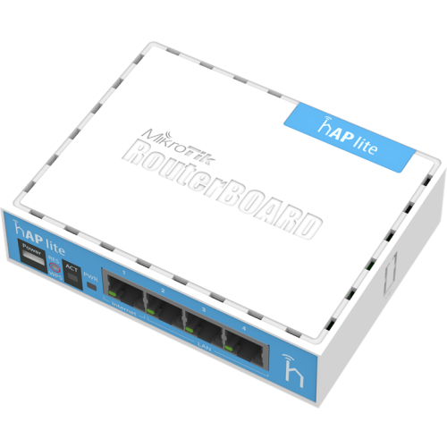 MikroTik hAP lite with 650MHz CPU, 32MB RAM, 4xLAN, built-in 2.4Ghz 802.11b/g/n 2x2 two chain wireless with integrated antennas, RouterOS L4, desktop case, PSU