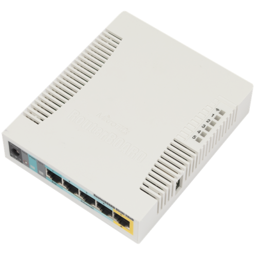 MikroTik RouterBOARD 951Ui-2HnD with 600Mhz CPU, 128MB RAM, 5xLAN, built-in 2.4Ghz 802b/g/n 2x2 two chain wireless with integrated antennas, desktop case, PSU, RouterOS L4