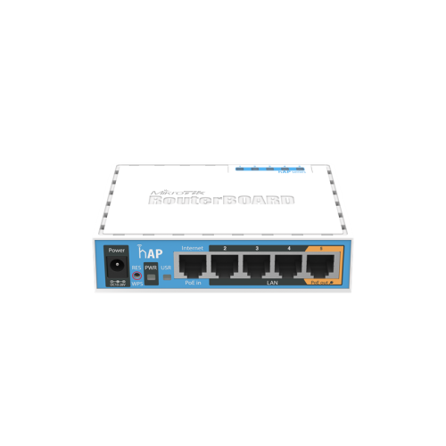 MikroTik hAP with 650MHz CPU, 64MB RAM, 5xLAN, built-in 2.4Ghz 802.11b/g/n 2x2 two chain wireless with integrated antennas, USB, RouterOS L4, desktop case, PSU