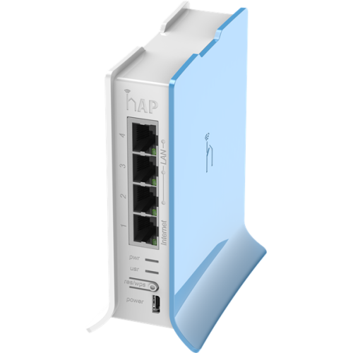 MikroTik hAP lite with 650MHz CPU, 32MB RAM, 4xLAN, built-in 2.4Ghz 802.11b/g/n 2x2 two chain wireless with integrated antennas, RouterOS L4, tower case, PSU