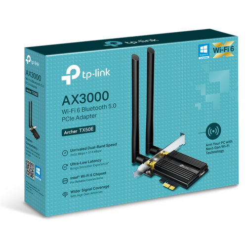 TP-Link Archer TX50E, AX3000 Двухдиапазонный Wi-Fi 6 Bluetooth 5.0 адаптер PCI Express, до 574 Мбит/с на 2,4 ГГц + до 2402 Мбит/с на 5 ГГц, 2 антенны с высоким коэф. усиления