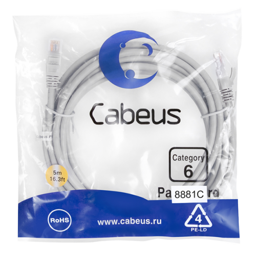 Cabeus PC-UTP-RJ45-Cat.6-5m-LSZH Патч-корд U/UTP, категория 6, 2xRJ45/8p8c, неэкранированный, серый, LSZH, 5м