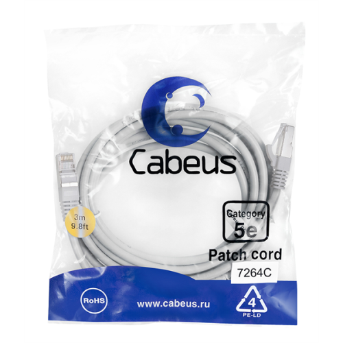Cabeus PC-FTP-RJ45-Cat.5e-3m Патч-корд F/UTP, категория 5е, 2xRJ45/8p8c, экранированный, серый, PVC, 3м