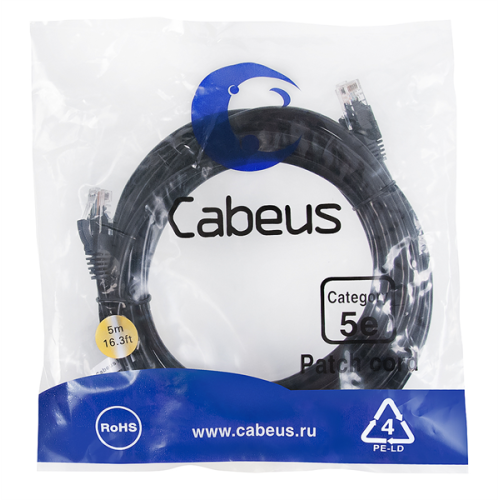Cabeus PC-UTP-RJ45-Cat.5e-5m-BK-LSZH Патч-корд U/UTP, категория 5е, 2xRJ45/8p8c, неэкранированный, черный, LSZH, 5м