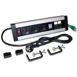 Блок розеток настольный, 1-фазный с выключателем, 16A / 250V, 3xSchuko + 2 USB + 2 порта RJ-45 кат.6, шнур 2.0м, вилка Schuko