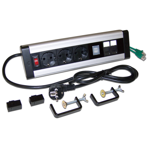 Блок розеток настольный, 1-фазный с выключателем, 16A / 250V, 3xSchuko + 2 USB + 2 порта RJ-45 кат.6, шнур 2.0м, вилка Schuko