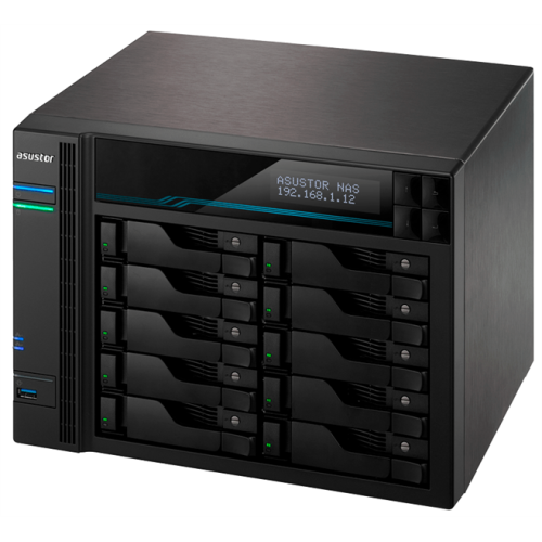 ASUSTOR AS7110T 10-Bay NAS/Media player/Intel Xeon E-2224  3.4GHz up to 4.6GHz(Quad-Core), 8GB SO-DIMM DDR4, noHDD(HDD,SSD),/10x1GbE+3x2,5Gbe(LAN)/3xUSB3.2,HDMI/M.2/4ip camera license ; 90IX01D1-BW3S1