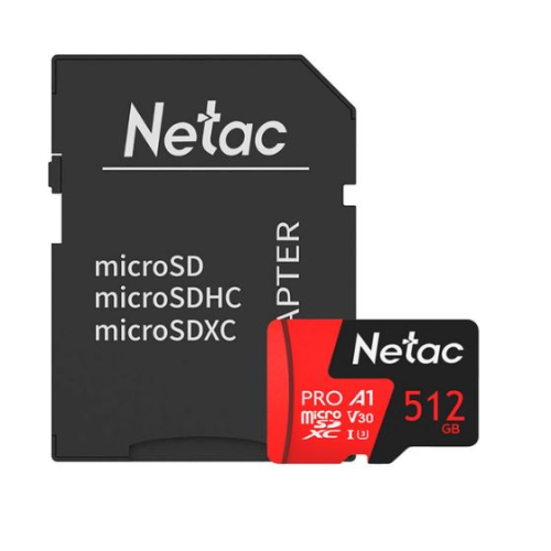 Netac P500 Extreme PRO 512GB MicroSDXC V30/A1/C10 up to 100MB/s, retail pack with SD Adapter