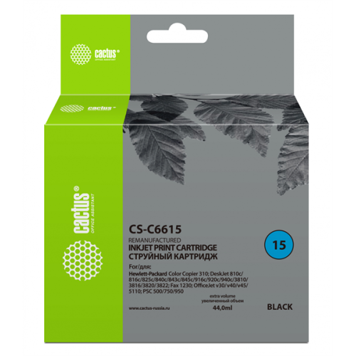Cactus CS-C6615 №15 черный (44мл) для HP CC 310/DJ 810c/816c/825c/840c/843c/845c/916c/920c/940c/3810/3816/3820/3822/Fax 1230/DJ v30/v40/v45/ 5110/PSC 500/750/950