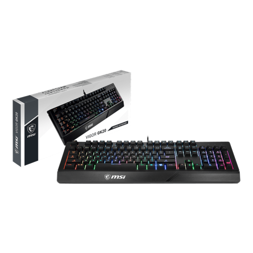Gaming Keyboard MSI VIGOR GK20, Wired, membrane Keyboard with ergonomic keycaps and wrist rest.  12 Key Anti-ghosting Capability. Water Resistant (spill-proof), Static multi-colour backlighting, Black