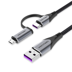 Vention USB 2.0 A Male to 2-in-1 USB-C&Micro-B Male 5A Cable 1M Gray Aluminum Alloy Type