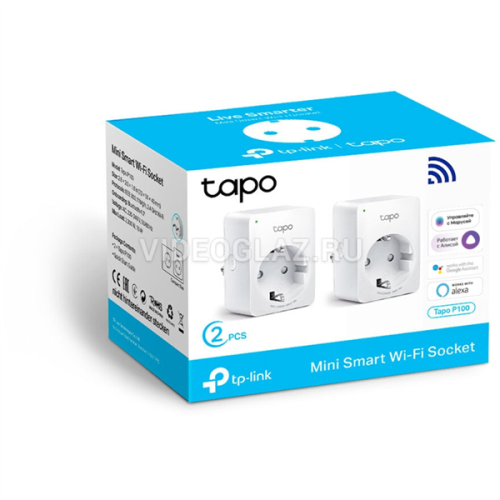 TP-Link Tapo P100(2-pack), Умная мини Wi-Fi розетка, 2 шт., 220–240 В, максимальная нагрузка 10 А, 50/60 Гц, Wi-Fi 2,4 ГГц, Bluetooth 4.2 (только для сопряжения)