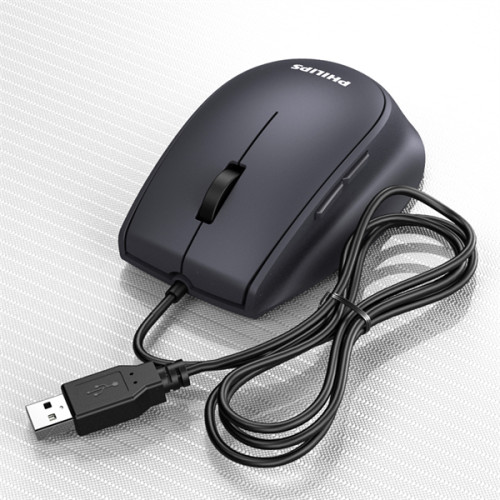 Philips  Проводная Мышь SPK7327, 5 кноп., USB 2.0, 1600dpi, бесшумная, Чёрный