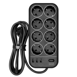 Powercom сетевой фильтр, 3 метра, 8 розеток, 3xUSB, 16А/4кВт, cечение провода: 3х1,5мм2, цвет черный, 1 год гарантии (1928707)