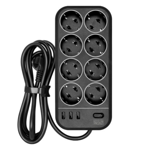 Powercom сетевой фильтр, 3 метра, 8 розеток, 3xUSB, 16А/4кВт, cечение провода: 3х1,5мм2, цвет черный, 1 год гарантии (1928707)