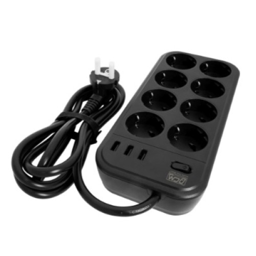 Powercom сетевой фильтр, 3 метра, 8 розеток, 3xUSB, 16А/4кВт, cечение провода: 3х1,5мм2, цвет черный, 1 год гарантии (1928707)