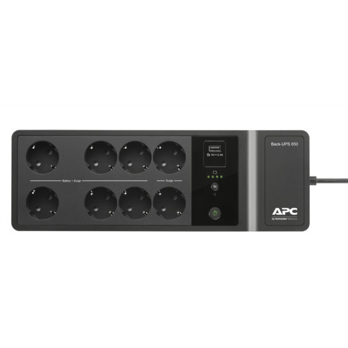 APC Back-UPS ES 650VA/400W, 230V, 8 Rus outlets (2 Surge & 6 batt.), USB, USB charge(type A), Data/DSL protection, 1 year warranty