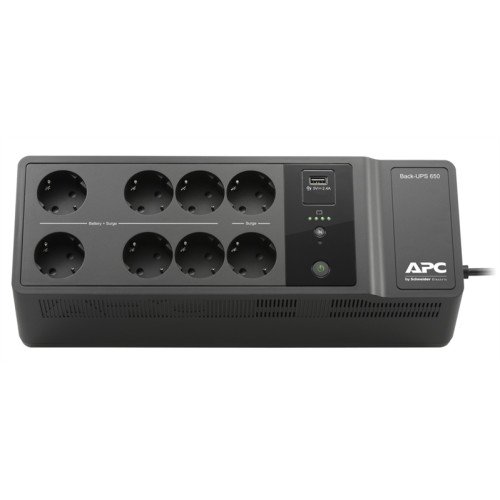 APC Back-UPS ES 650VA/400W, 230V, 8 Rus outlets (2 Surge & 6 batt.), USB, USB charge(type A), Data/DSL protection, 1 year warranty