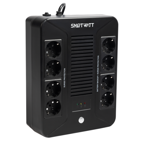 SMARTWATT ИБП линейно-интерактивный, 1000/600 ВА/Вт, напольный/настенный, LED индикация, Schuko CEE7/4 - 8 шт. (4 шт. с резервным питанием, 4 шт. - сетевой фильтр)