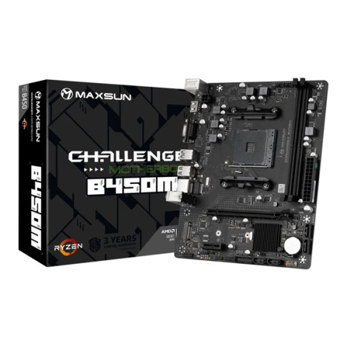 MAXSUN MS-Challenger B450M, AM4, B450, 2*DDR4, 4*SATA 3.0, M.2, USB 3.2, USB 2.0, 1*PCIE 16,  1*PCIE 1, HDMI+VGA, mATX