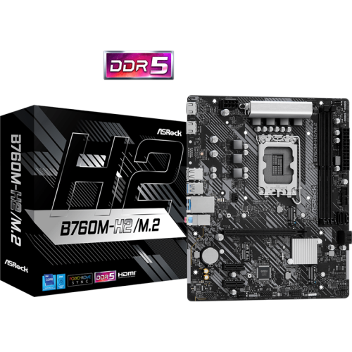 ASROCK B760M-H2/M.2 LGA1700, B760, 2*DDR5, 4*SATA, 2*M.2, 4*USB 3.2, 2*USB 2.0, 1*PCIx16, 2*PCIx1, 1*M.2 (Key E), 2*HDMI, mATX