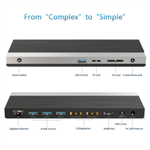 Docking Station WAVLINK USB-C GEN2 4K Universal /100W PowerDelivery Include 20V/6.5A Power Adapter/ 4xUSB3.0/1xUSB C/2xDP 4K 60HZ/1xHDMI 4K 60HZ/1xGigabit LAN/1xAudio In/Out/1xSD/Micro SD CardReader
