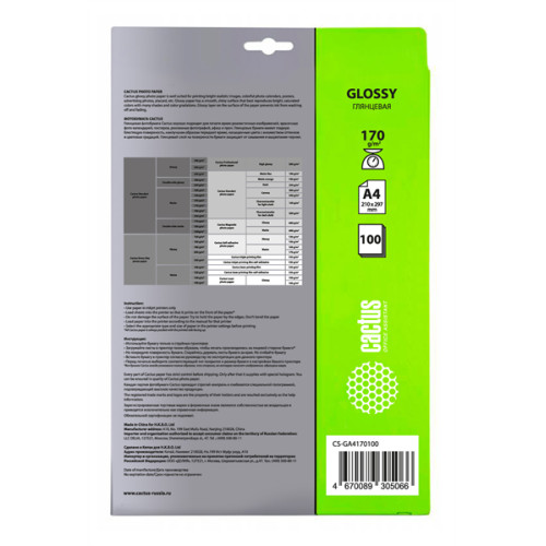Cactus CS-GA4170100 A4/170г/м2/100л./белый глянцевое для струйной печати