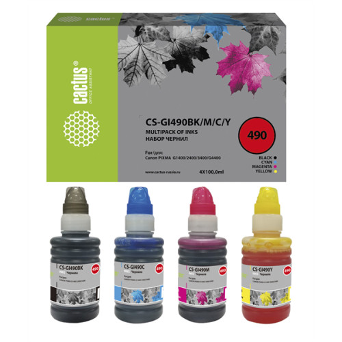 Cactus CS-GI490BK/M/C/Y GI-490 многоцветный набор 4x100мл для Canon Pixma G1400/G2400/G3400
