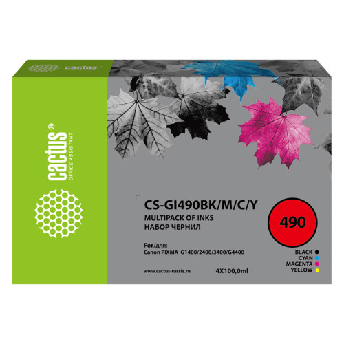 Cactus CS-GI490BK/M/C/Y GI-490 многоцветный набор 4x100мл для Canon Pixma G1400/G2400/G3400