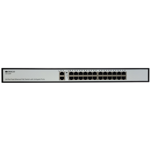 ORIGO Неуправляемый PoE-коммутатор, 24x100Base-TX PoE, 2x1000Base-T, PoE-бюджет 285 Вт, PoE до 250 м, комплект для установки в 19