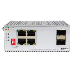 ORIGO Промышленный неуправляемый PoE-коммутатор, 4x1000Base-T PoE, 2x1000Base-X SFP, PoE-бюджет 120 Вт, защита от статического электричества до 4  кВ, -40..75°C