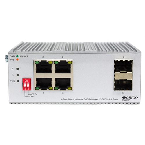 ORIGO Промышленный неуправляемый PoE-коммутатор, 4x1000Base-T PoE, 2x1000Base-X SFP, PoE-бюджет 120 Вт, защита от статического электричества до 4  кВ, -40..75°C