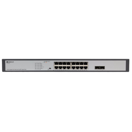ORIGO Неуправляемый PoE-коммутатор, 16x1000Base-T PoE, 2x1000Base-X SFP, PoE-бюджет 250 Вт, PoE до 250 м, комплект для установки в 19