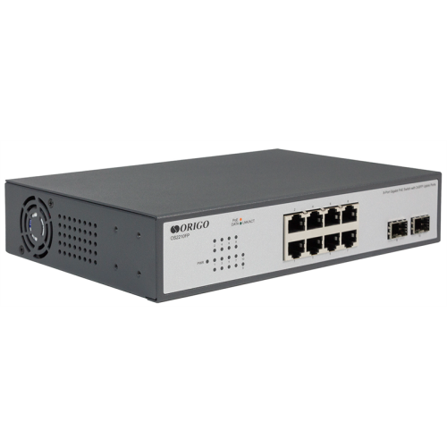 ORIGO Неуправляемый PoE-коммутатор, 8x1000Base-T PoE, 2x1000Base-X SFP, PoE-бюджет 120 Вт, комплект для установки в 19
