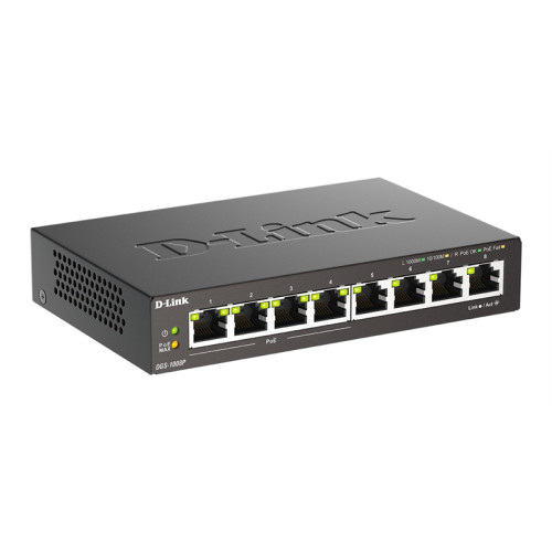 D-Link Неуправляемый PoE-коммутатор, 8x1000Base-T (4x1000Base-T PoE), PoE-бюджет 80 Вт, корпус металл