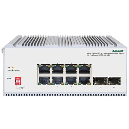 ORIGO Промышленный неуправляемый PoE-коммутатор, 8x1000Base-T PoE (802.3bt 90 Вт), 2x1000Base-X SFP, PoE-бюджет 185 Вт, защита от статического электричества до 6 кВ, -40..75°C