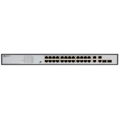 ORIGO Неуправляемый PoE-коммутатор, 26x1000Base-T (24x1000Base-T PoE), 2xCombo 1000Base-T/SFP, PoE-бюджет 370 Вт, PoE до 250 м, комплект для установки в 19