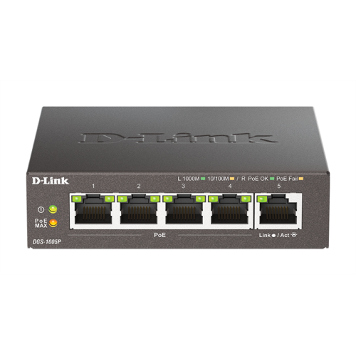 D-Link Неуправляемый PoE-коммутатор, 5x1000Base-T (4x1000Base-T PoE), PoE-бюджет 60 Вт, корпус металл
