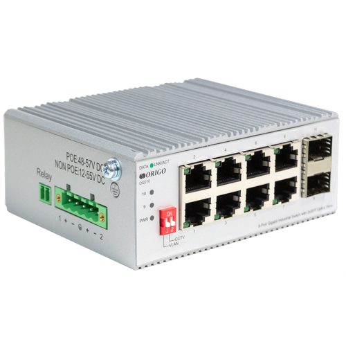 ORIGO Промышленный неуправляемый коммутатор, 8x1000Base-T, 2x1000Base-X SFP, защита от статического электричества до 4 кВ, -40..75°C