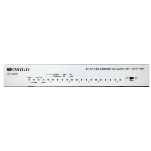 ORIGO Неуправляемый PoE-коммутатор, 8x100Base-TX PoE, 1x1000Base-X SFP, PoE-бюджет 80 Вт, корпус металл