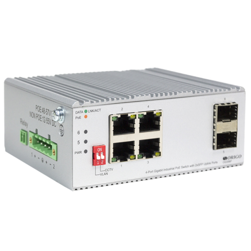 ORIGO Промышленный неуправляемый PoE-коммутатор, 4x1000Base-T PoE, 2x1000Base-X SFP, PoE-бюджет 120 Вт, защита от статического электричества до 4  кВ, -40..75°C