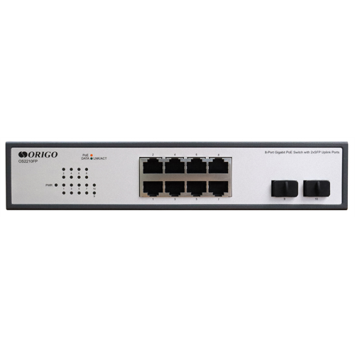 ORIGO Неуправляемый PoE-коммутатор, 8x1000Base-T PoE, 2x1000Base-X SFP, PoE-бюджет 120 Вт, комплект для установки в 19