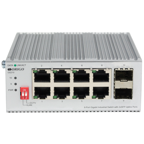 ORIGO Промышленный неуправляемый коммутатор, 8x1000Base-T, 2x1000Base-X SFP, защита от статического электричества до 4 кВ, -40..75°C
