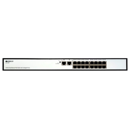 ORIGO Неуправляемый PoE-коммутатор, 16x100Base-TX PoE, 2x1000Base-T, PoE-бюджет 190 Вт, PoE до 250 м, комплект для установки в 19